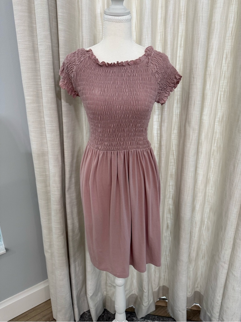 Smocked Short-Sleeve Midi Dress in Dusty Rose